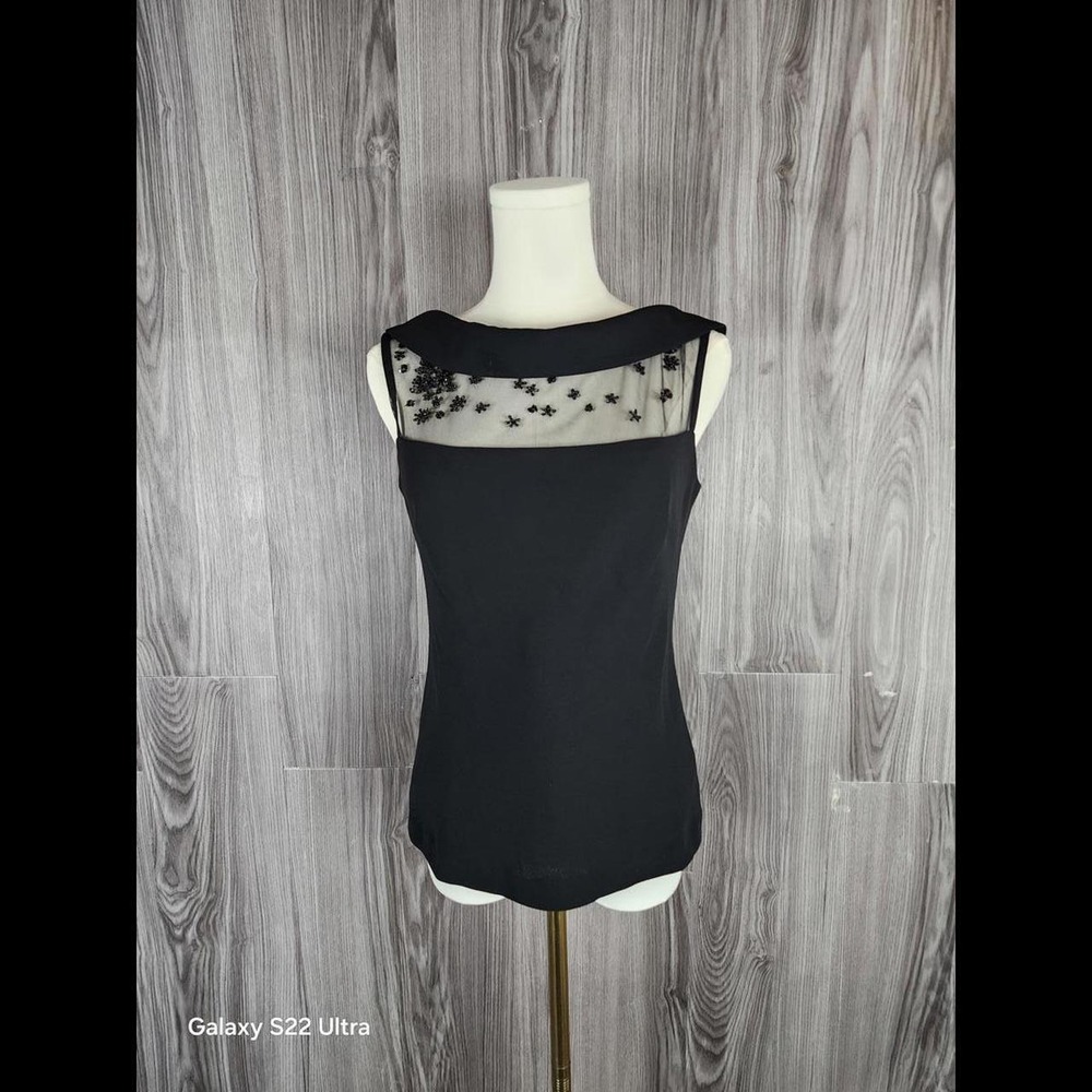 Evan-Picone Black Beaded Floral Mesh Illusion Neck V-Back Sleeveless Top Size 4